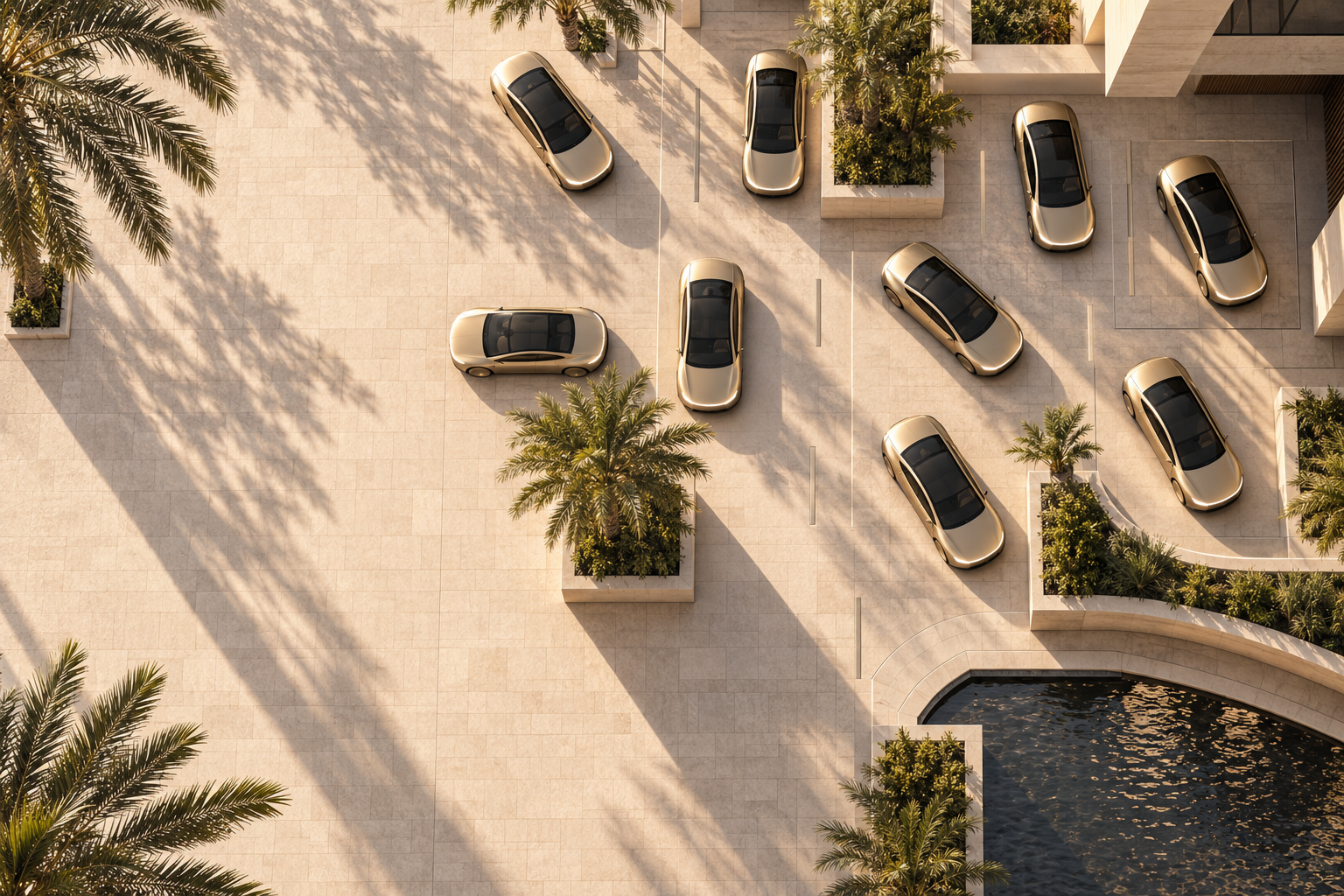 Illustration of a future fleet of gold autonomous vehicles in a courtyard